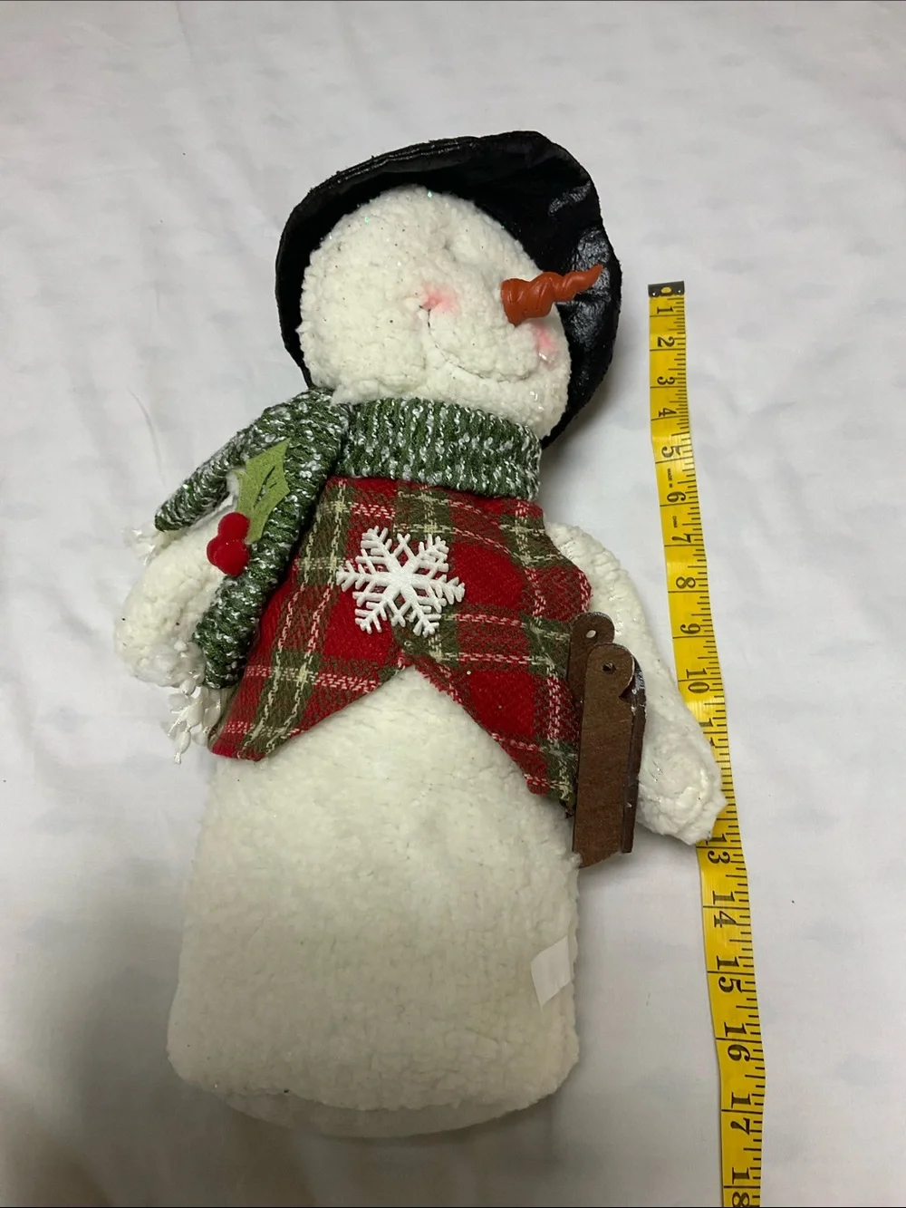 17” Plush Snowman Holiday Figure with Black Hat and Red Plaid Vest.